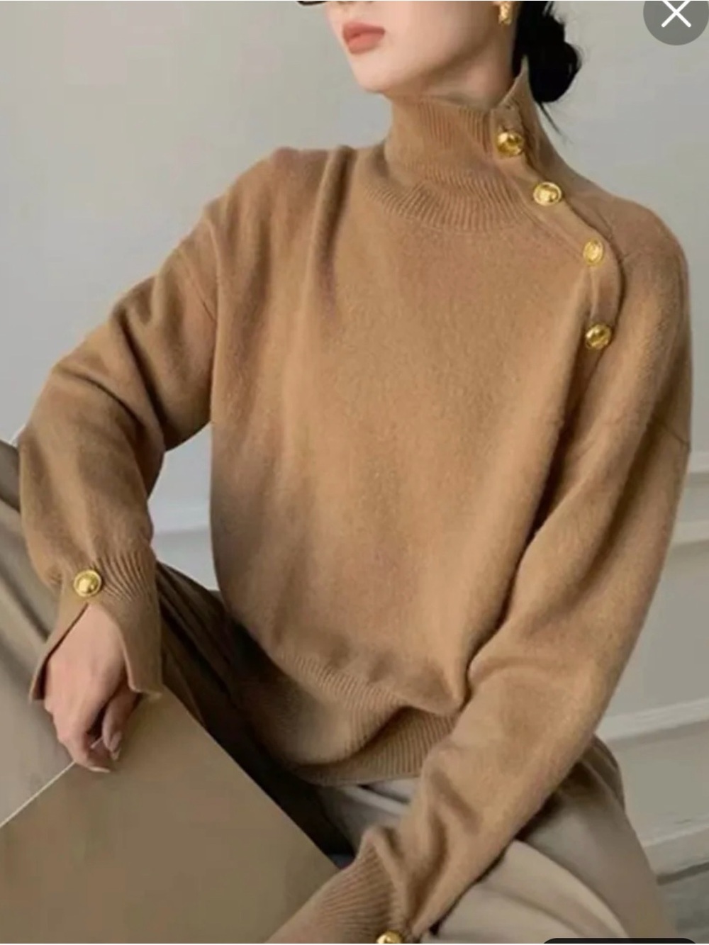 Camel Boucle Turtleneck Sweater Gold Button Asymmetric Collar-small